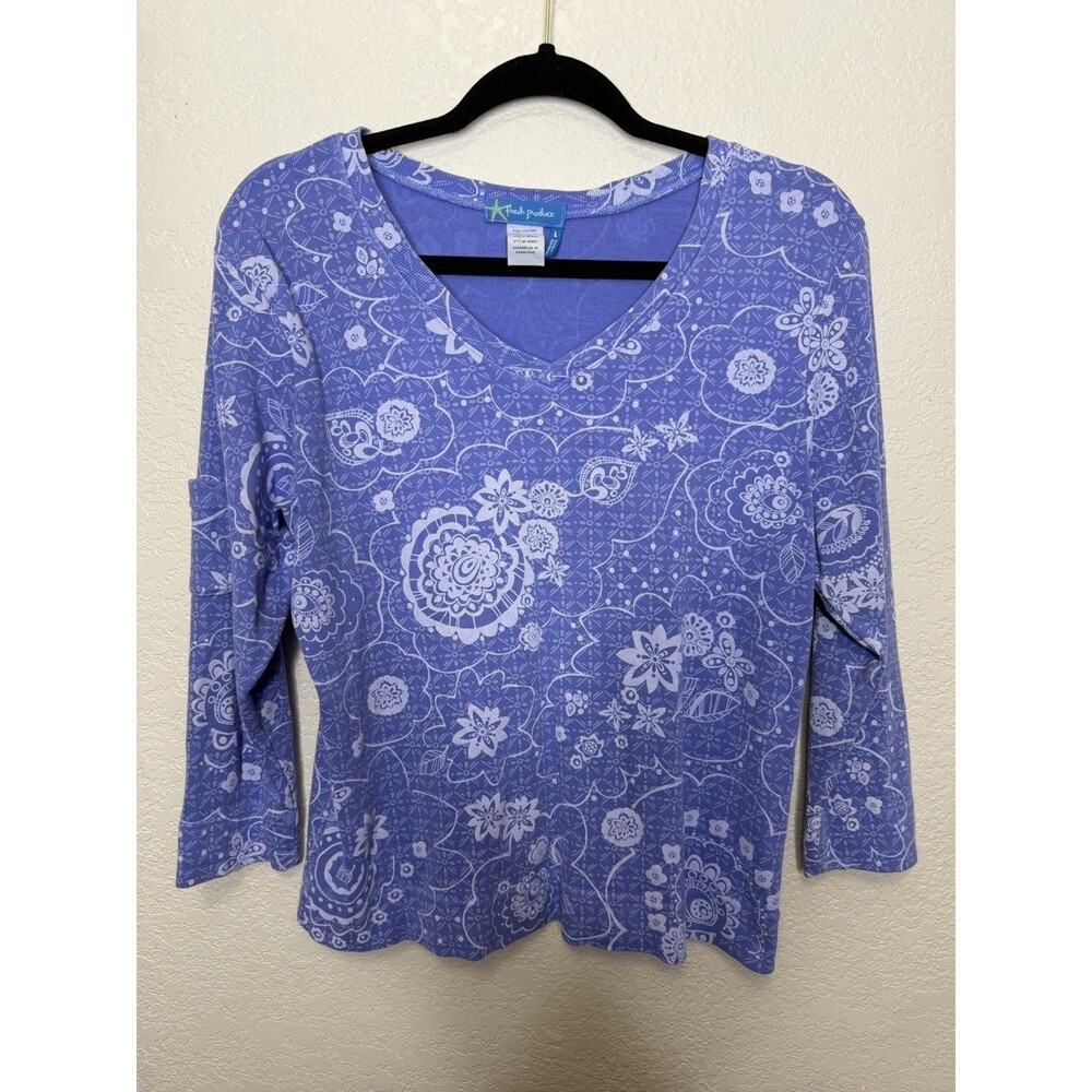 Fresh Produce Cotton V-Neck Top Sz L Paisley Floral 3/4 Sleeves Beachy Coastal